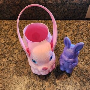 Vintage Empire Blow Mold Pink Bunny Basket and Purple Bunny Figurine